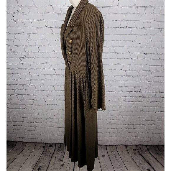 VTG Horchow Black Tan Houndstooth Long Sleeve Pleated Peak Lapel Jacket Dress 12 - Picture 14 of 15